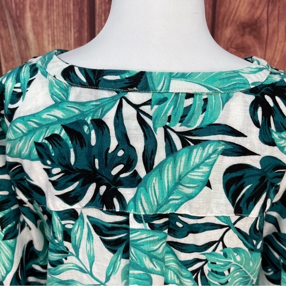 Coral Bay green teal white Monstera leaf print linen blend 3/4 sleeve blouse L - Picture 9 of 17